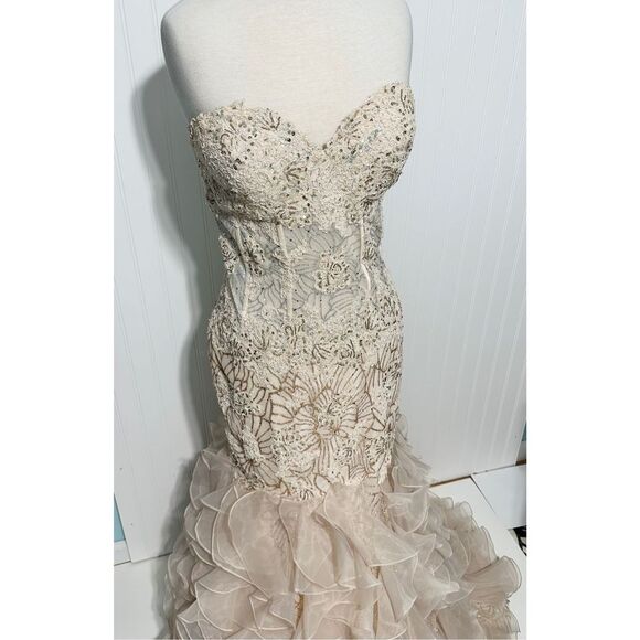 Jovani Strapless Trumpet Embroidered‎ Corset Prom Dress Gown Light Cafe Size 16 - Picture 14 of 15